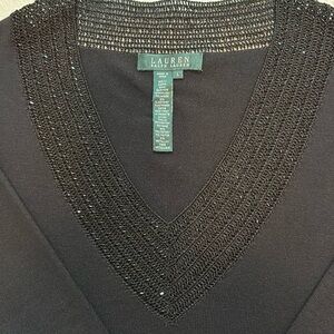 Lauren Ralph Lauren Black 3/4 Sleeve Beaded Vneck knit top (L) EUC